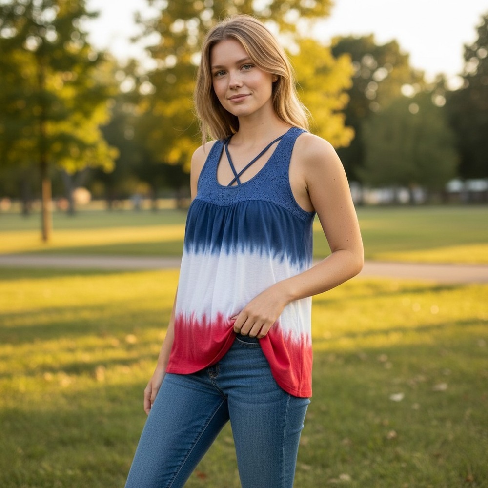Patriotic Tank Top Womens XL Red White Blue Ombre Lace Wild Unity USA‎ Summer